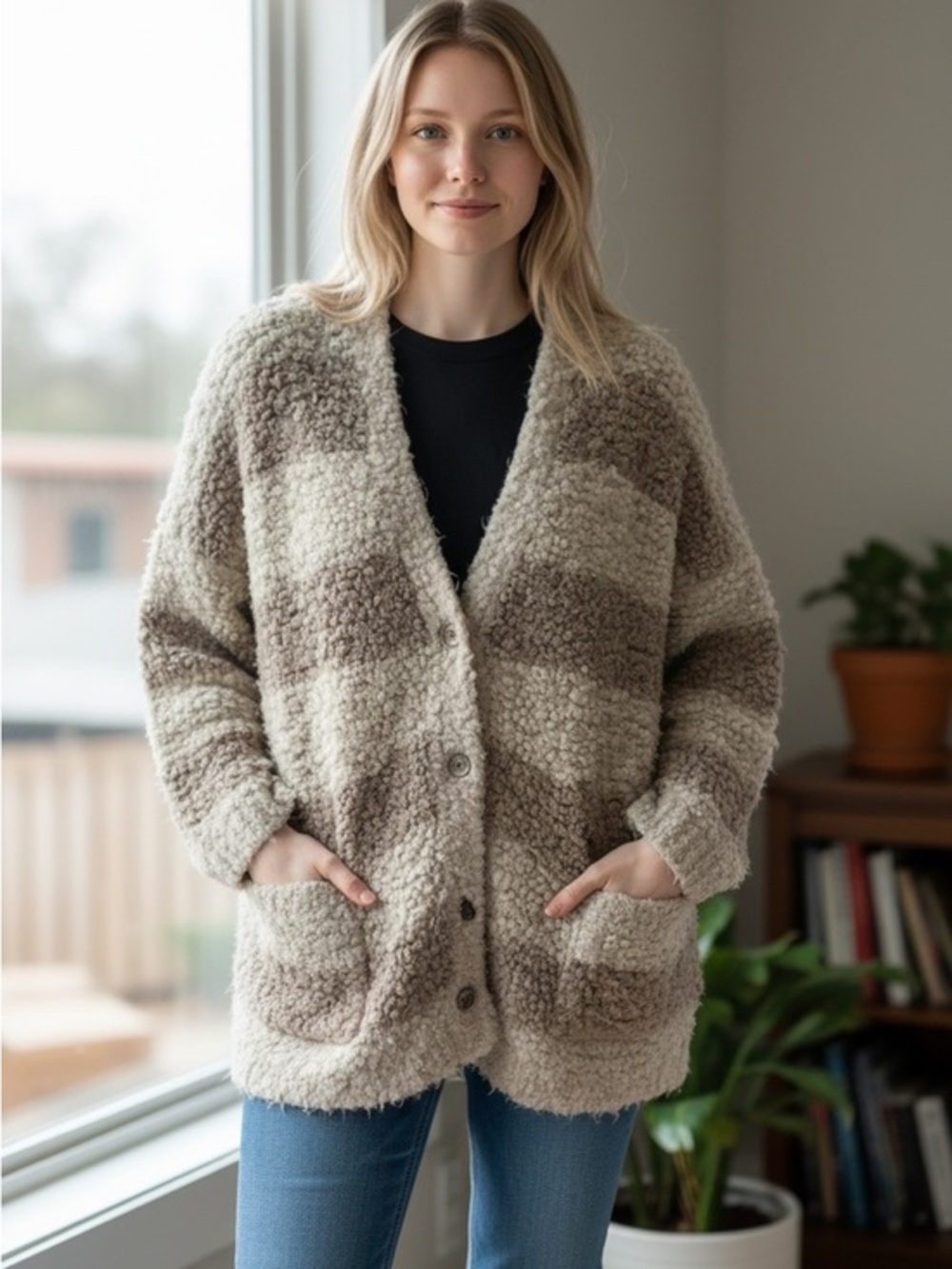 Free People Cozy Knit Cardigan in Cream and Brown